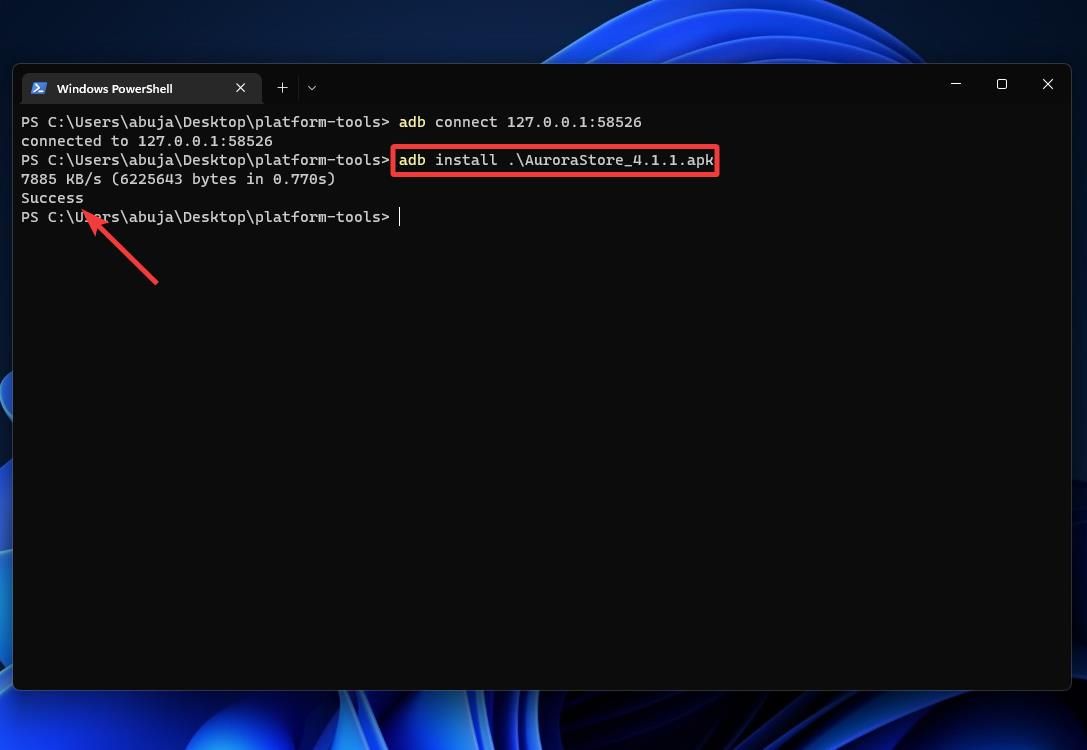 O aplicativo Aurora Store foi instalado com sucesso por meio da linha de comando no Windows 11