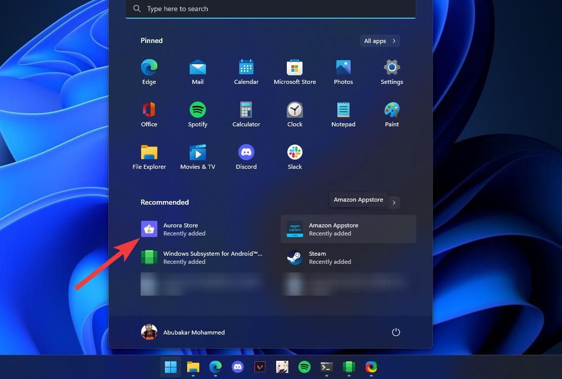 Abrindo o aplicativo Aurora Store no menu Iniciar do Windows 11