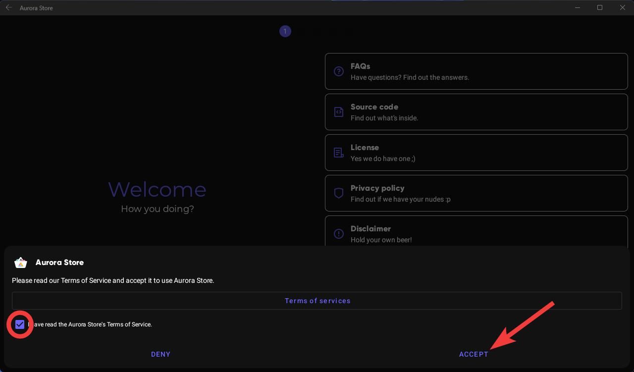 Aceitando os termos e condições da Aurora Store