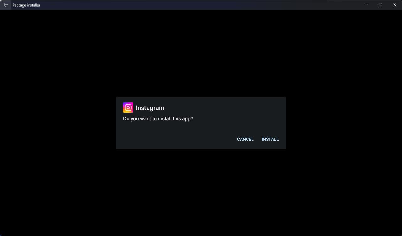 A tela do instalador do pacote que aparece ao instalar o Instagram no subsistema Windows para o aplicativo Android da Aurora Store