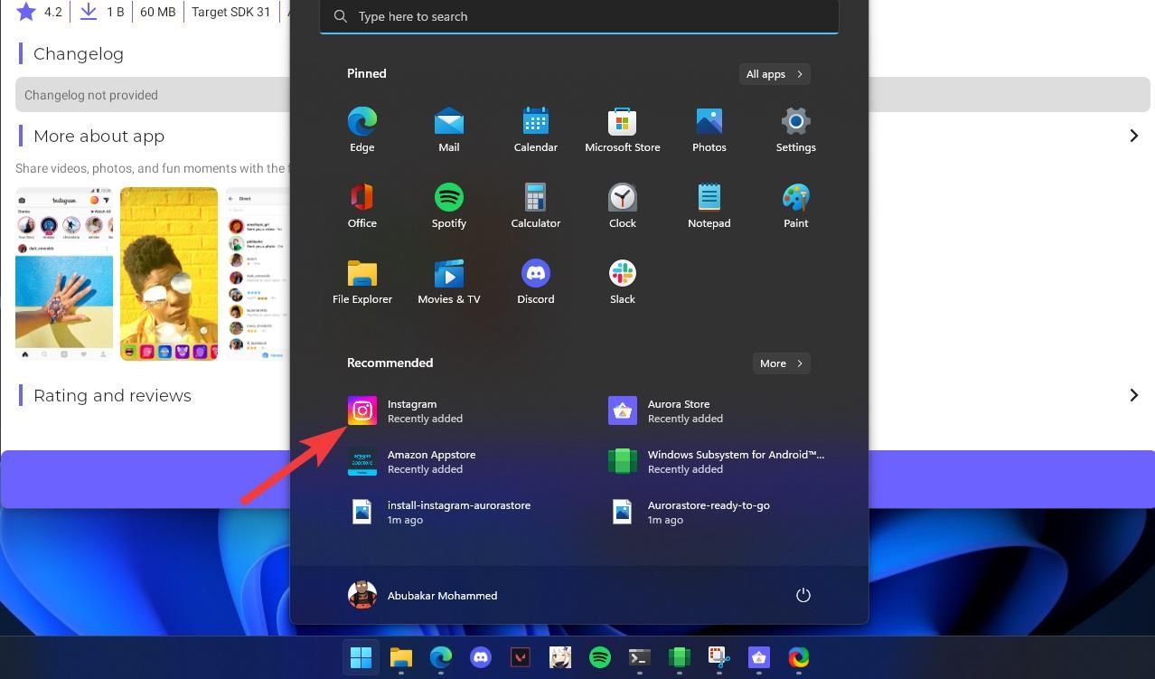 Prestes a abrir o aplicativo Instagram para Android no menu Iniciar do Windows 11