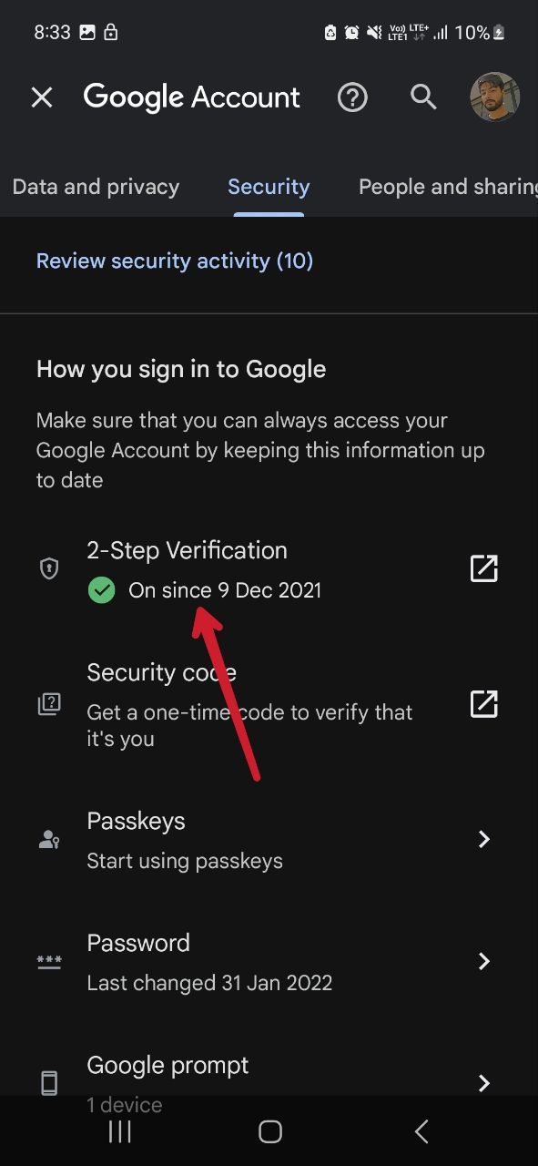 Captura de tela mostrando a opção de verificação em duas etapas nas configurações do Google