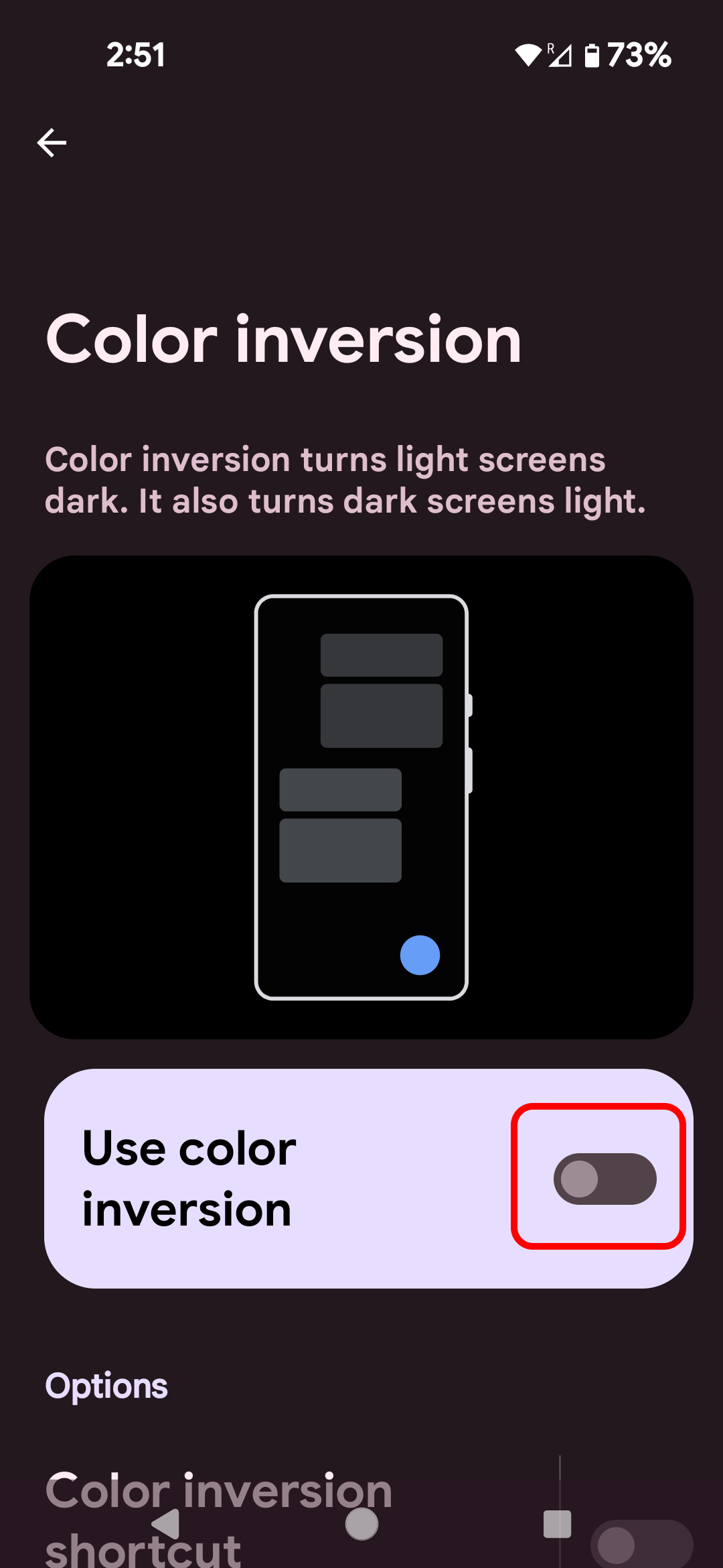 Na tela Inversão de cores, selecione Usar inversão de cores