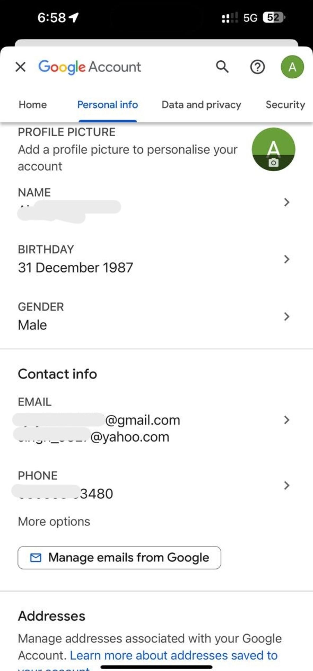 Captura de tela mostrando as opções de informações pessoais das configurações da conta do Google no iPhone