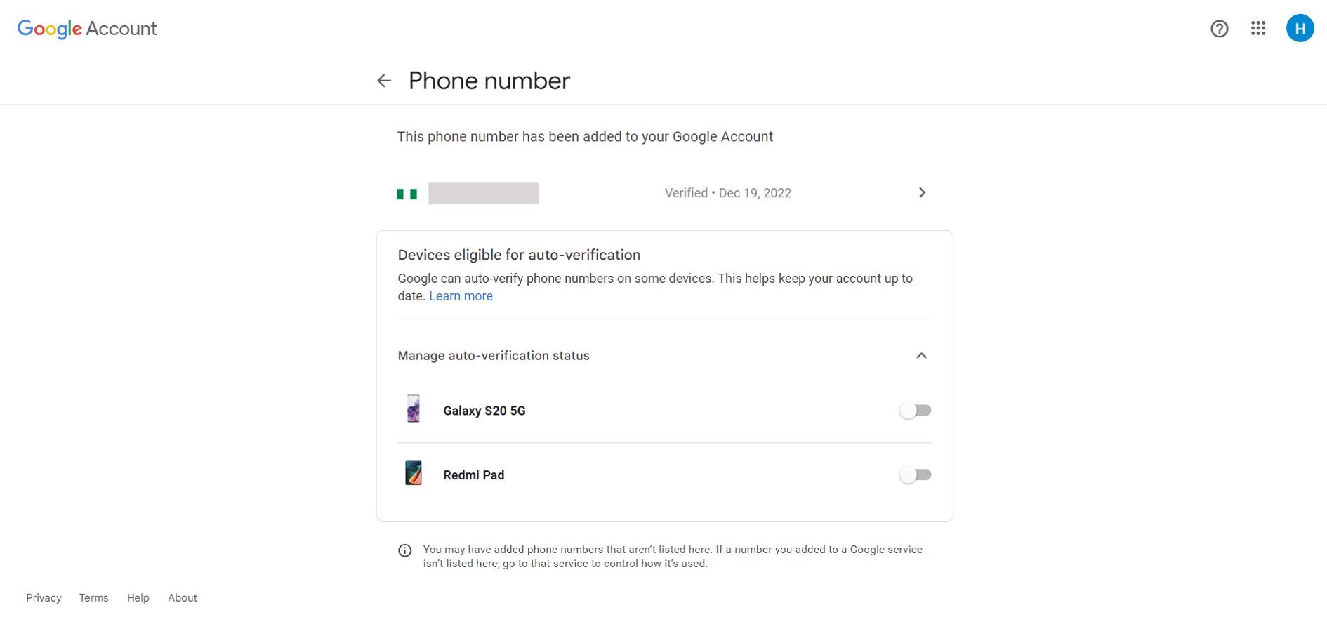 Página de configurações do número de telefone da conta do Google