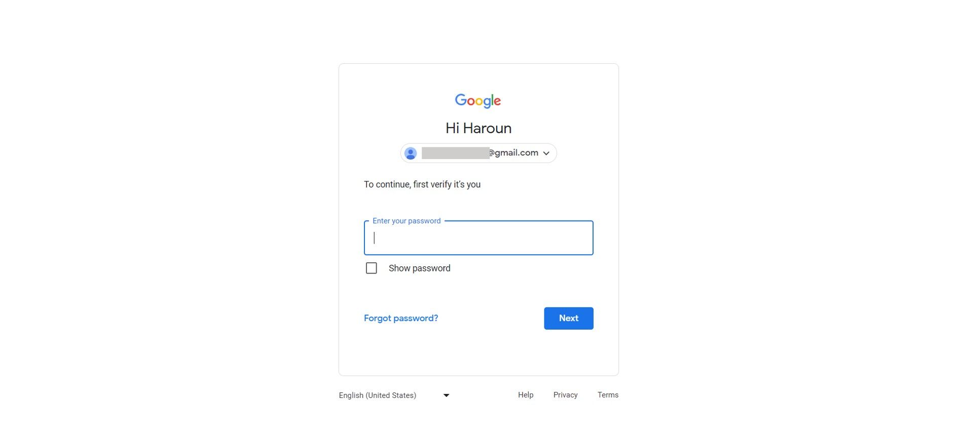 Tela de verificação de conta do Google