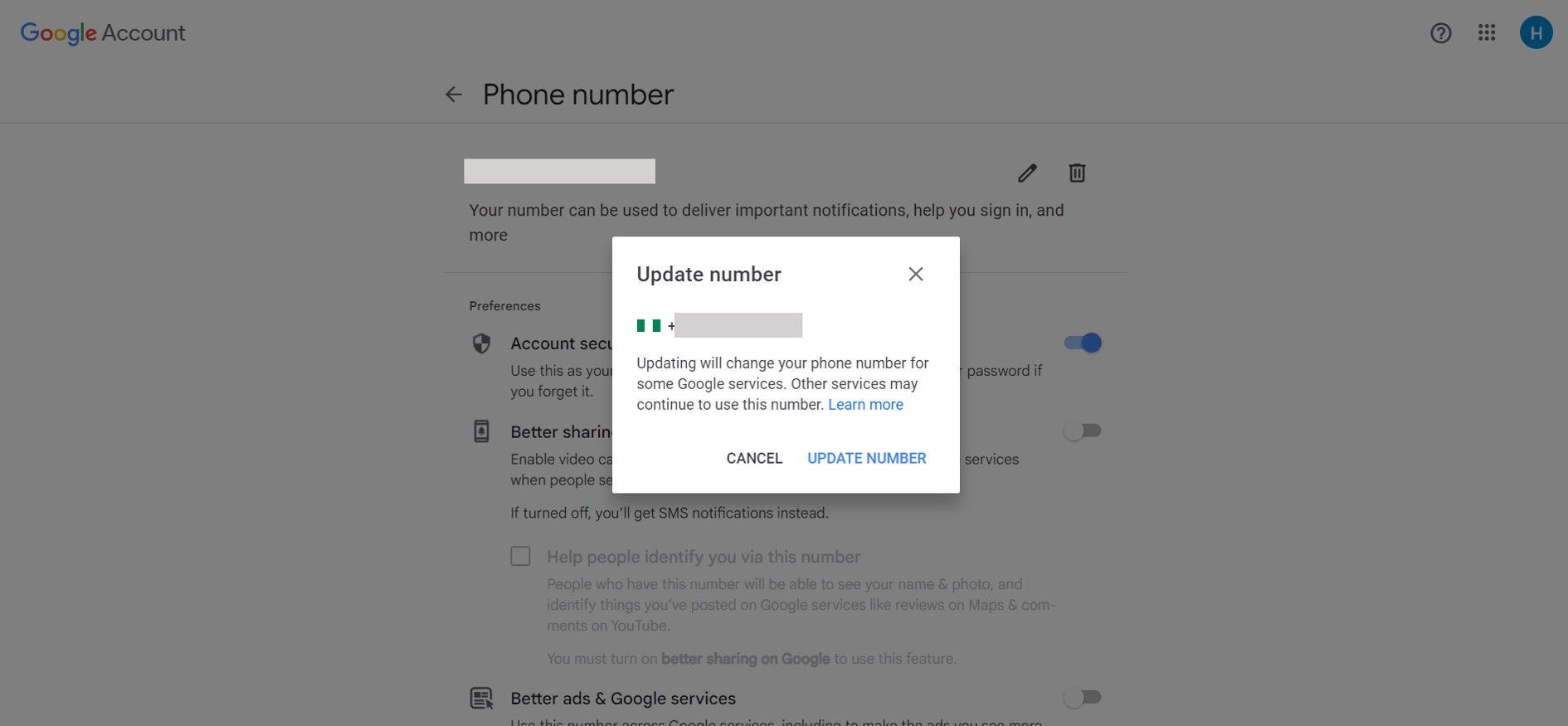 Tela de alteração do número de telefone da conta do Google