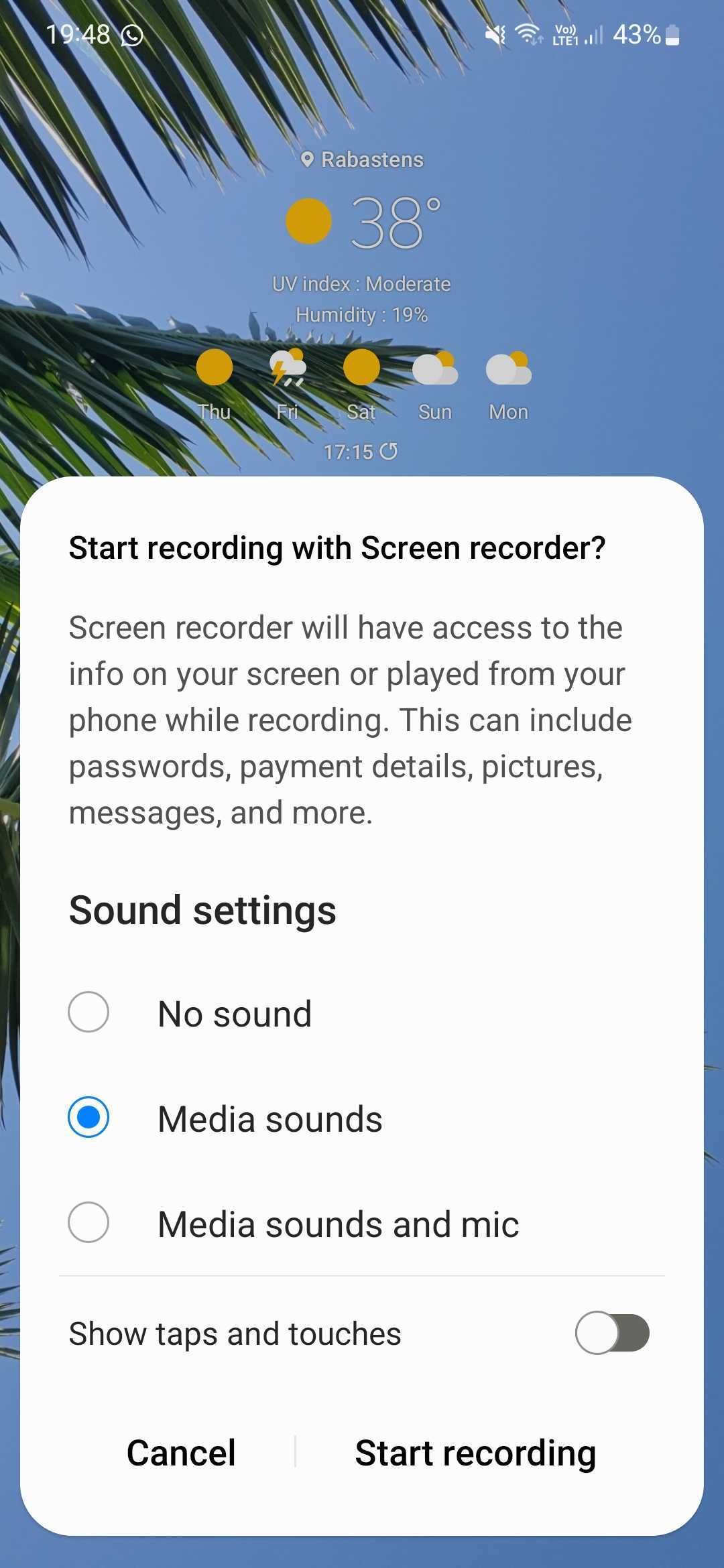 A interface de gravação de tela em um telefone Samsung Galaxy
