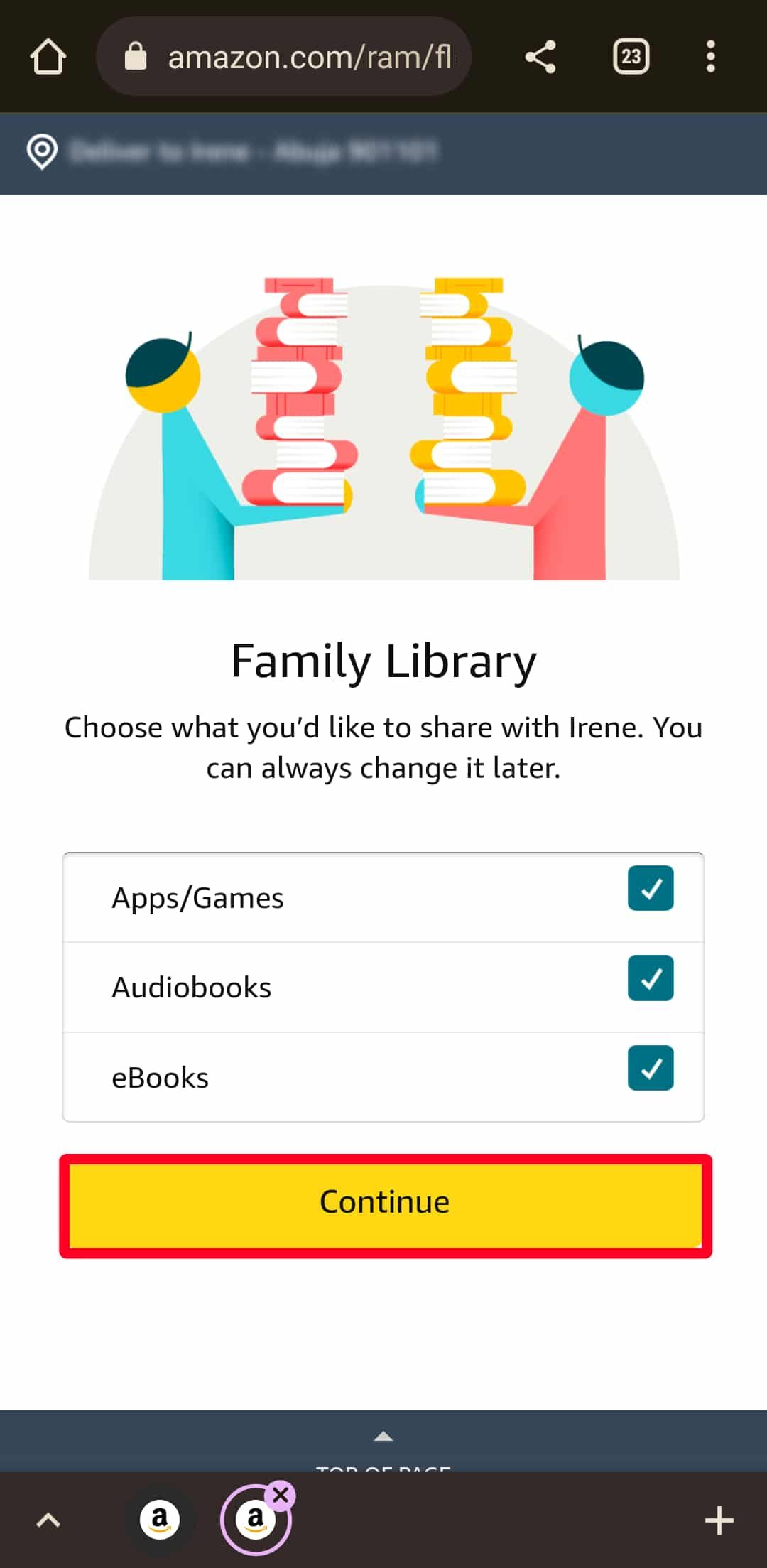 Escolhendo o conteúdo da Biblioteca da família para compartilhar na Amazon Household