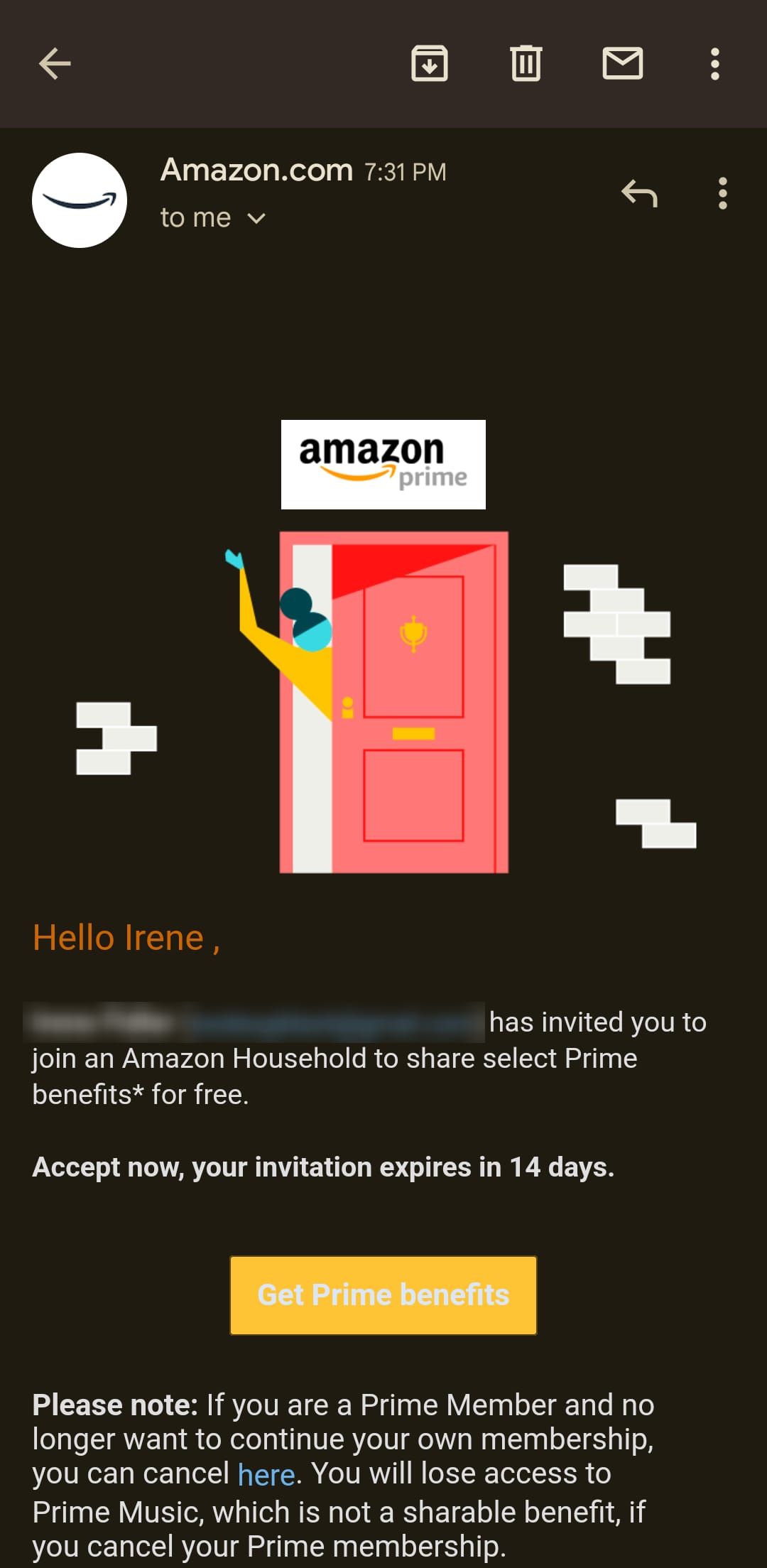 E-mail de convite para ingressar no Amazon Prime Household