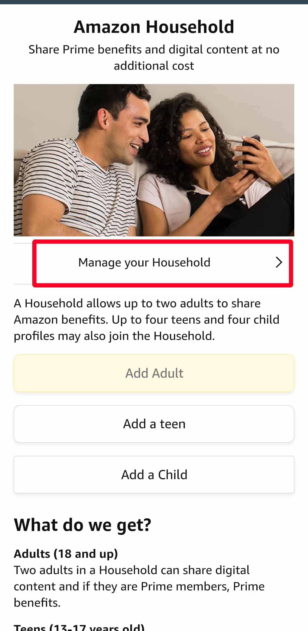 Selecionando a opção Gerenciar sua família na página de informações da família da Amazon