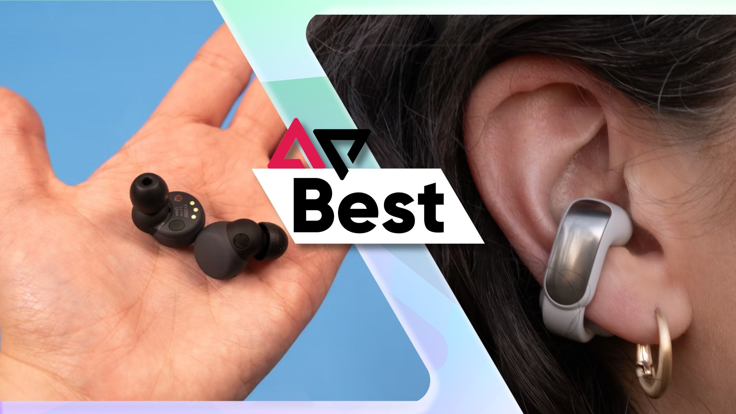 Os melhores fones de ouvido para orelhas pequenas apresentam imagem com Sony LinkBuds S à esquerda e Bose Ultra Open Earbuds no ouvido à direita