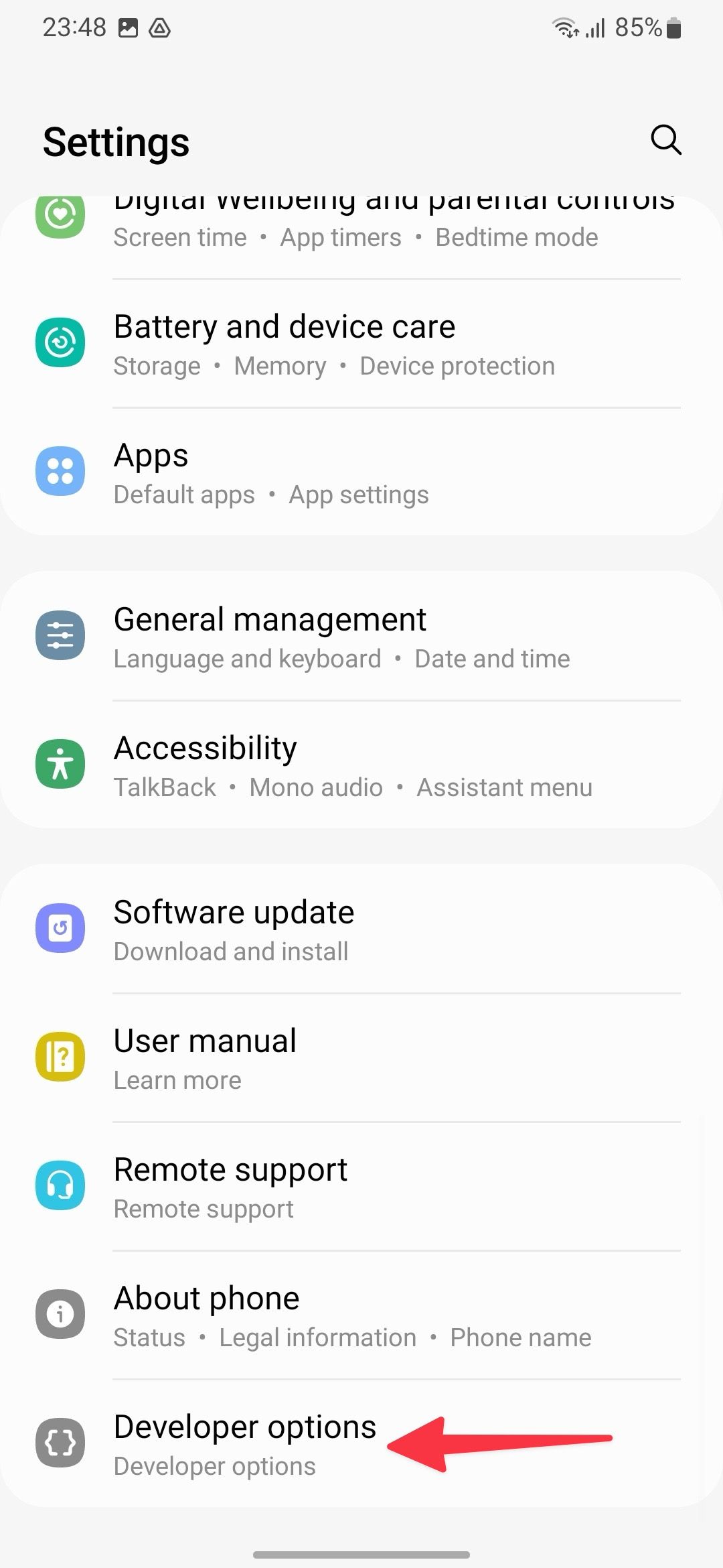 Uma captura de tela mostrando as opções do desenvolvedor no telefone Samsung
