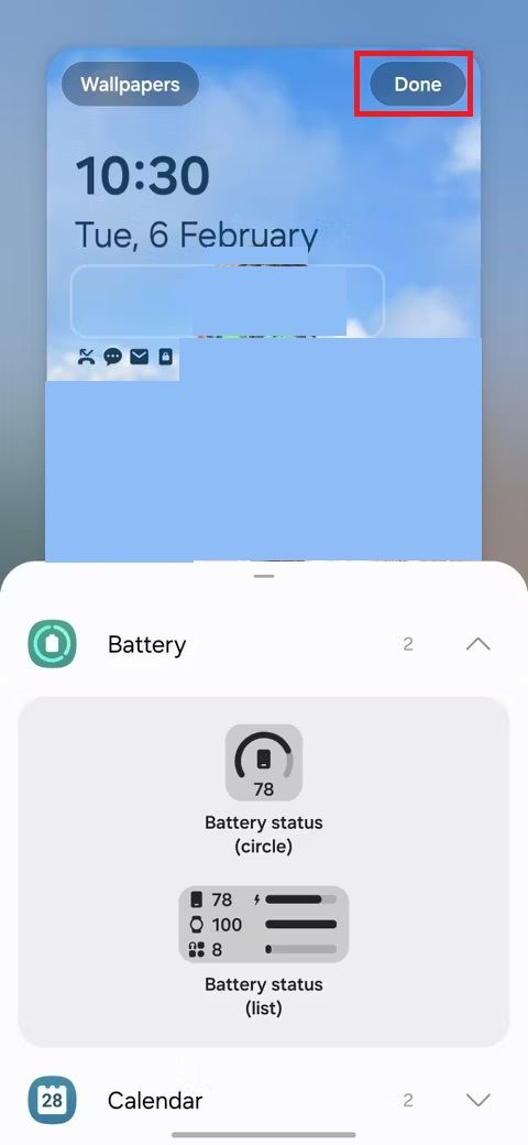 Captura de tela destacando Concluído na tela de bloqueio do Galaxy A35