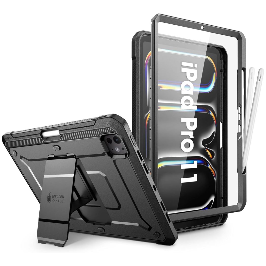 Uma capa preta no iPad Pro com a frente e a traseira em um fundo branco