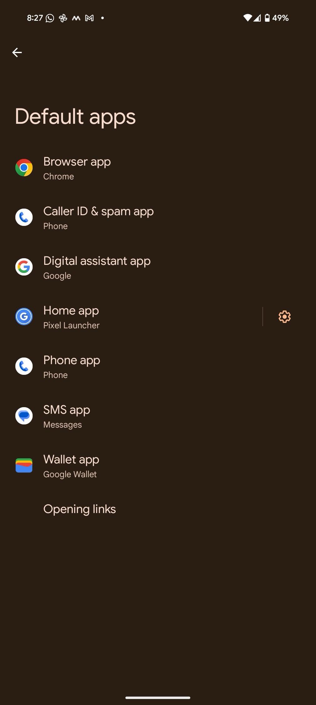 menu de aplicativos padrão em um telefone Android