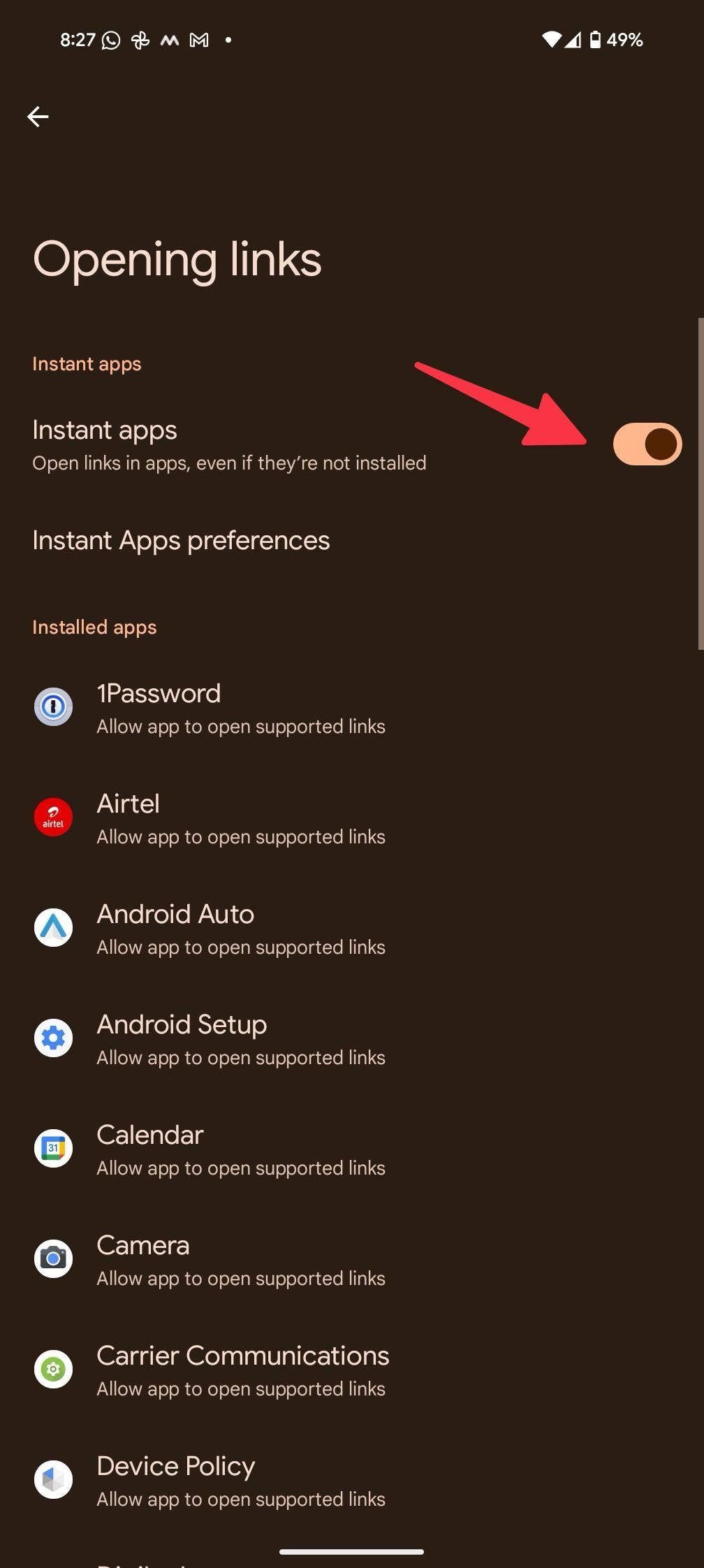abrindo menu de links no telefone Android