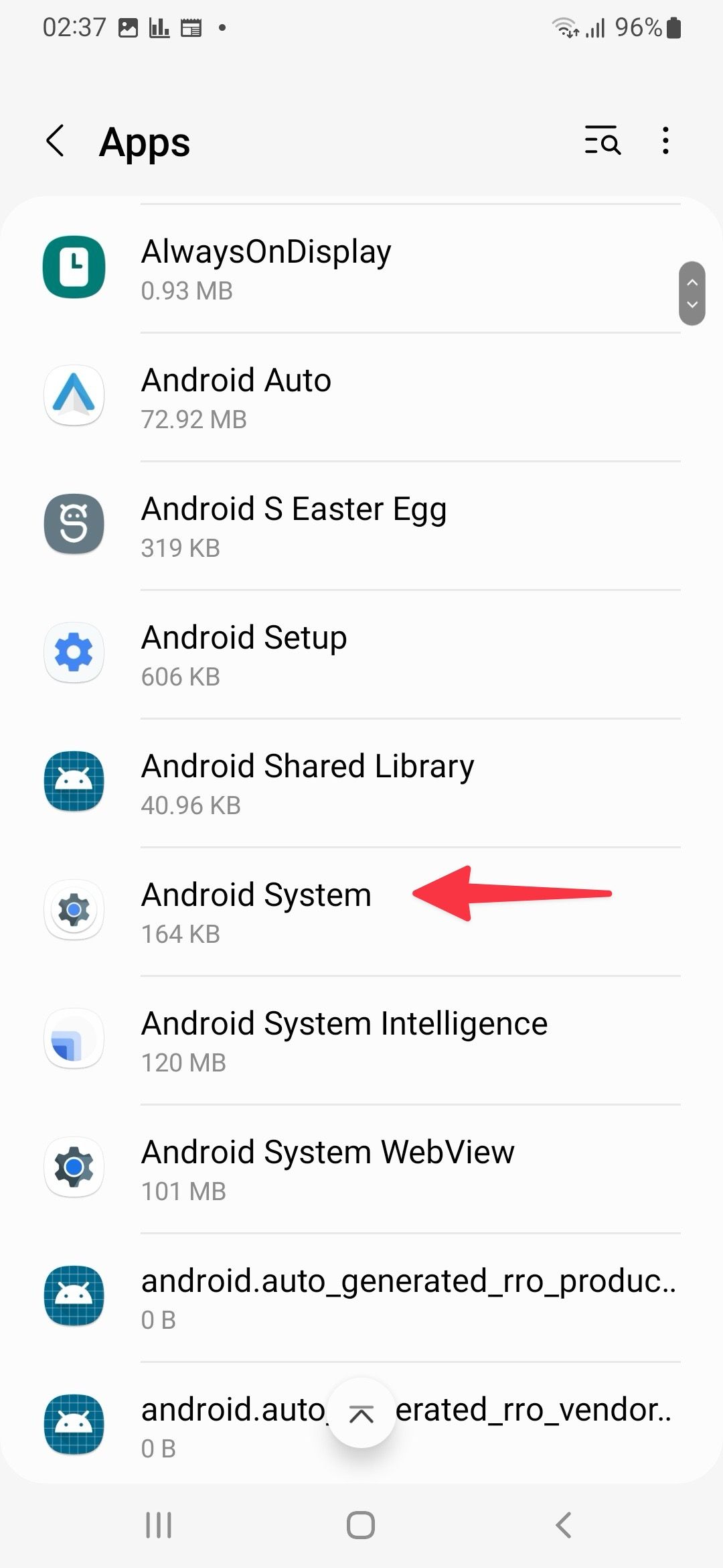 Abra o menu de informações do sistema Android