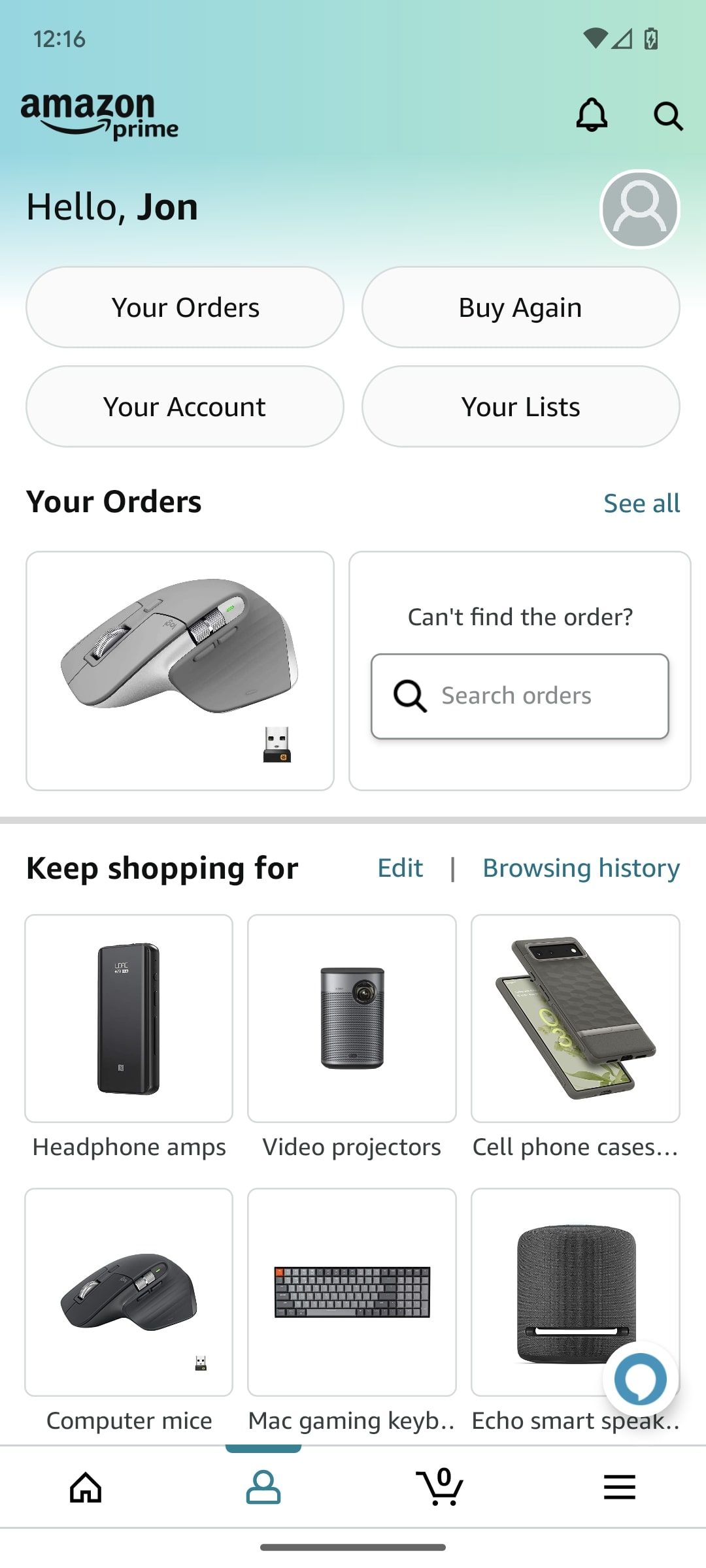 Tela de perfil do aplicativo de compras da Amazon