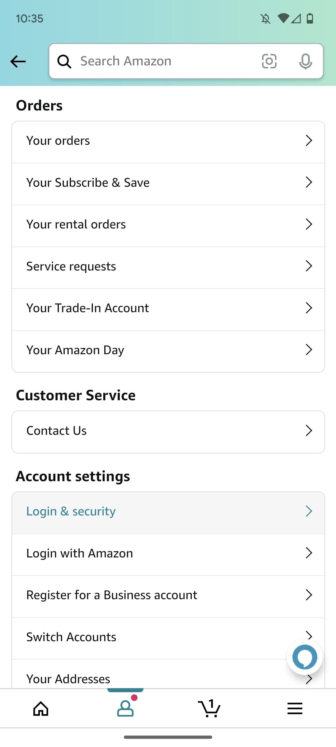 Tela de configurações de perfil do aplicativo de compras da Amazon