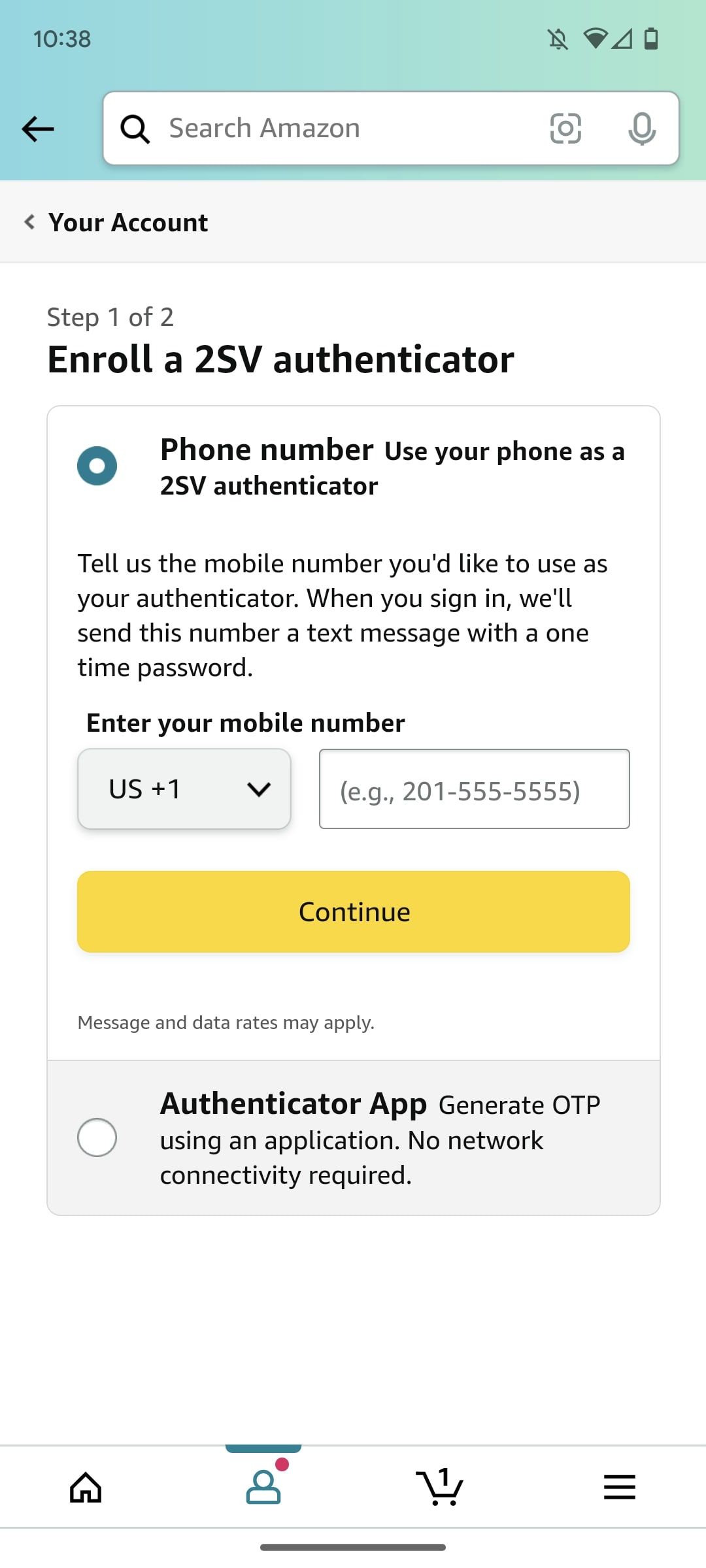 Adicionar um aplicativo de autenticação 2sv no aplicativo de compras da Amazon 