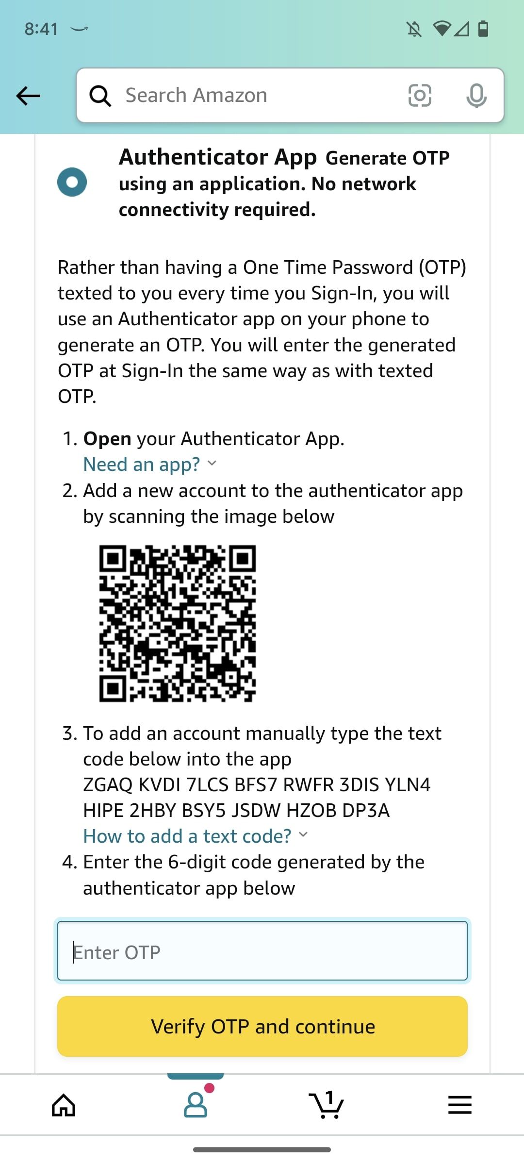 Tela do aplicativo de compras da Amazon mostrando o código QR para aplicativos de autenticação de dois fatores