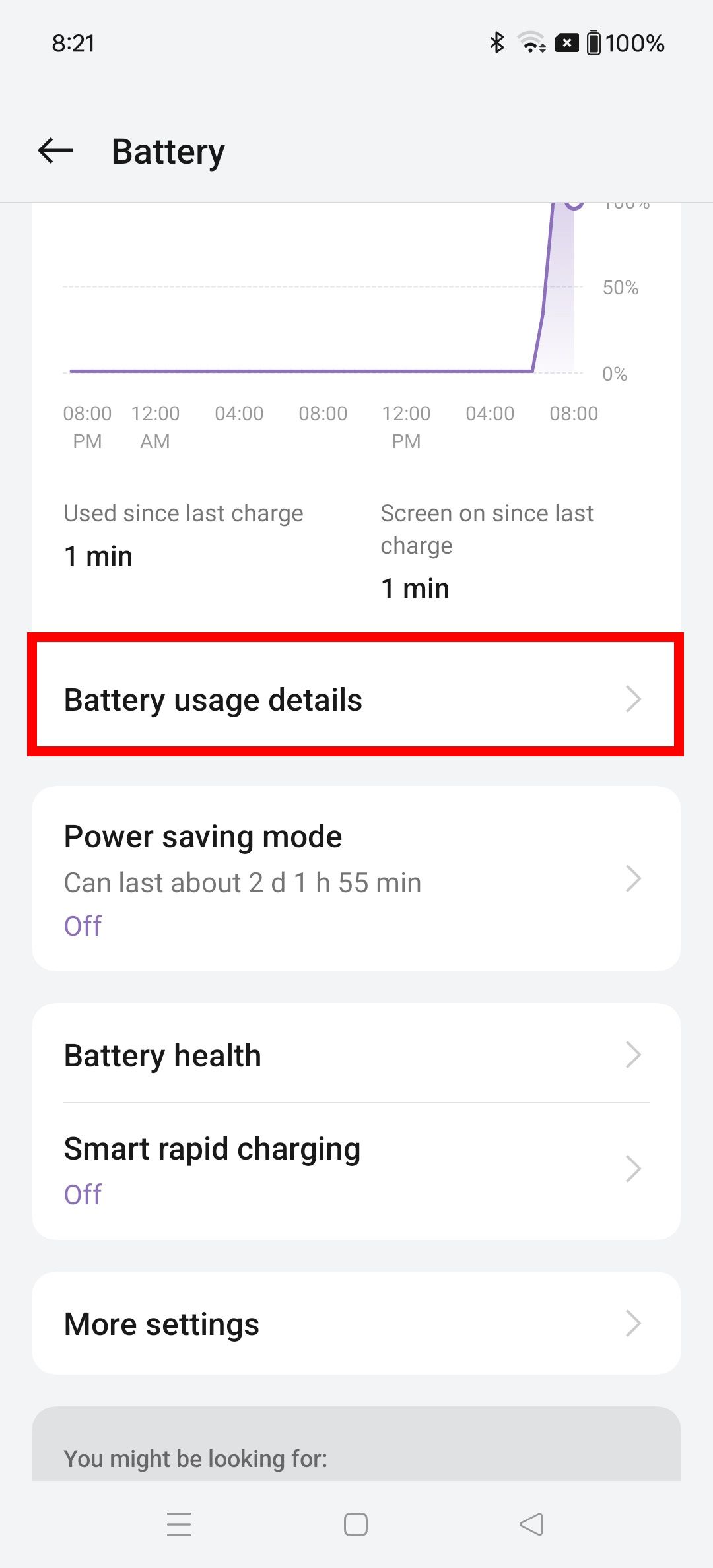 Contorno de retângulo vermelho destacando detalhes de uso da bateria nas configurações da bateria em um telefone OnePlus