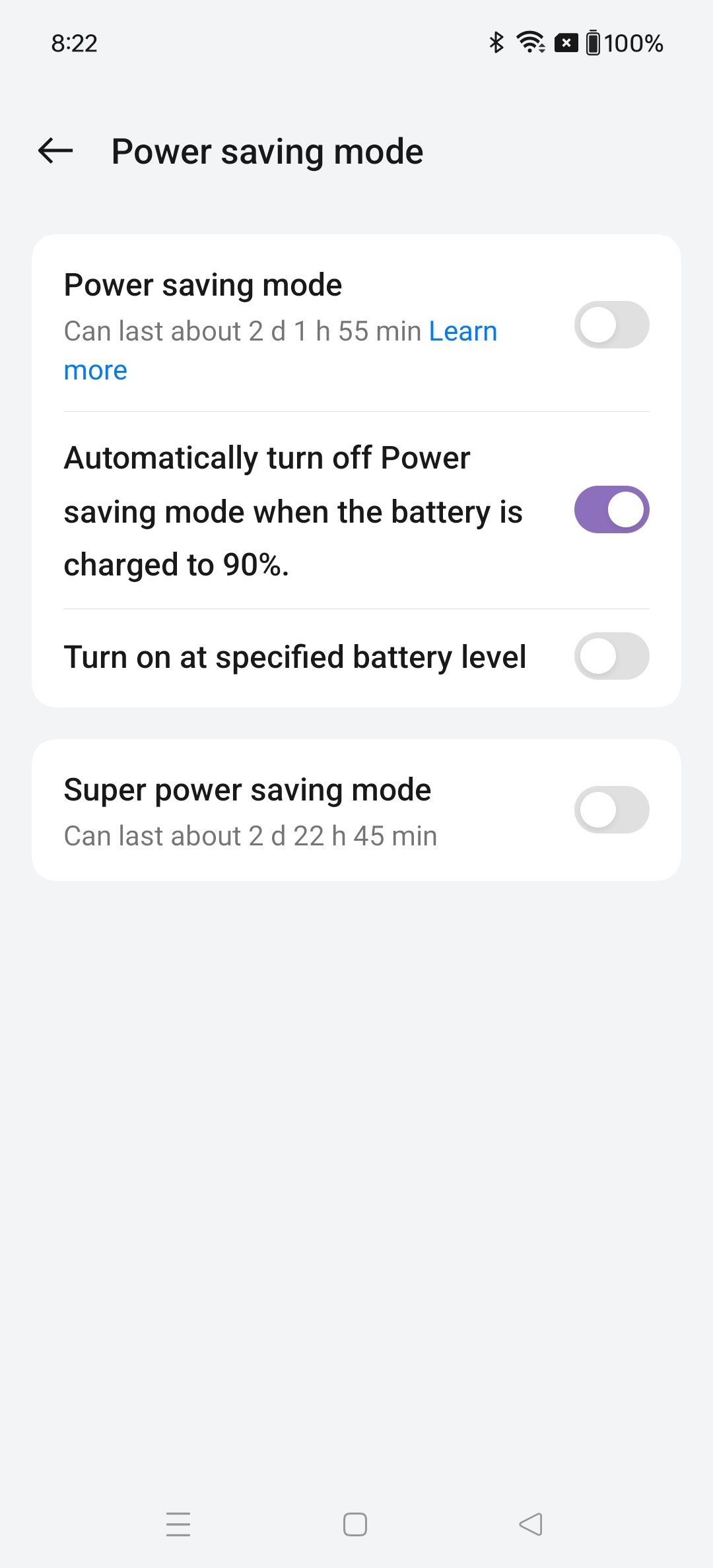 Página do modo de economia de energia nas configurações de bateria do OnePlus com quatro opções de alternância