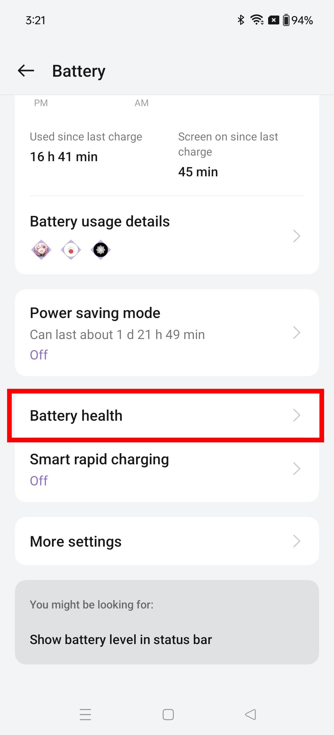 Contorno de retângulo vermelho destacando a saúde da bateria nas configurações de bateria do OnePlus