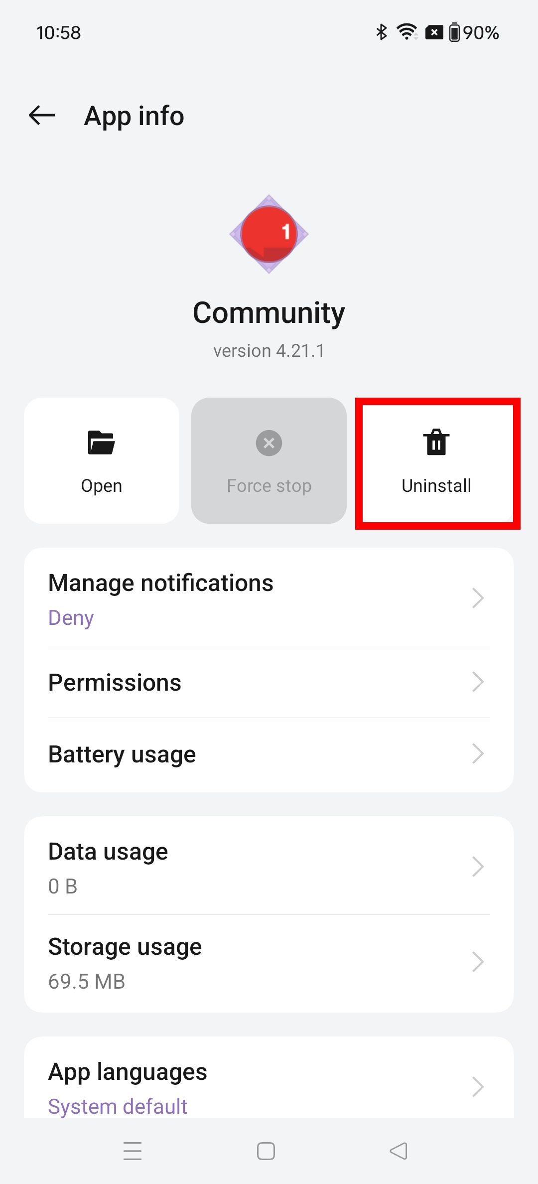 Contorno de retângulo vermelho sobre o botão Desinstalar nas informações do aplicativo em um telefone OnePlus