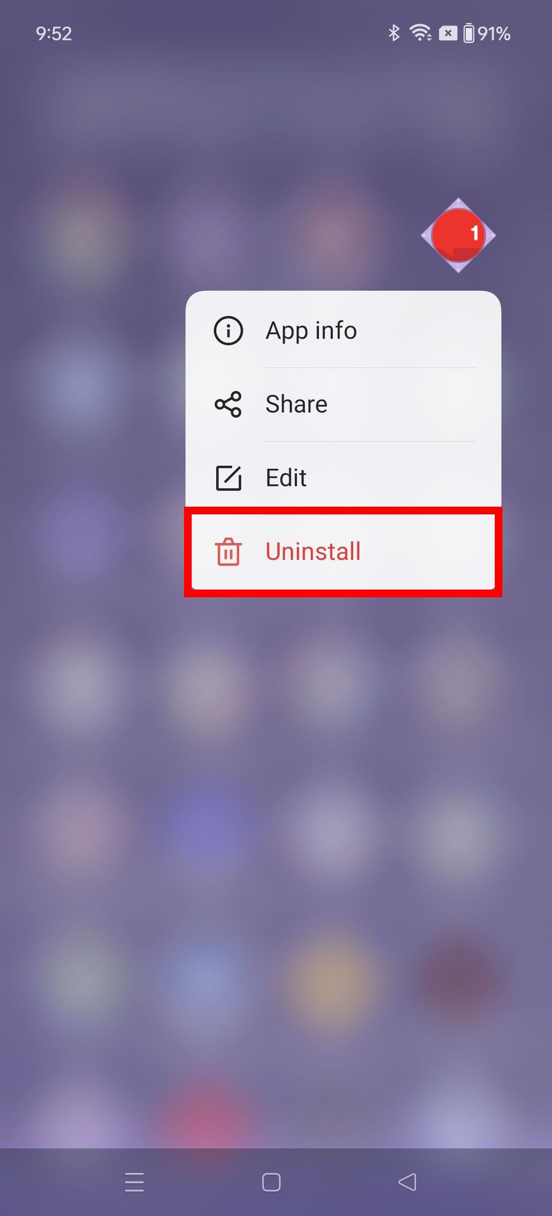 Contorno de retângulo vermelho sobre a opção Desinstalar após tocar e segurar um aplicativo na gaveta de aplicativos do OnePlus 12