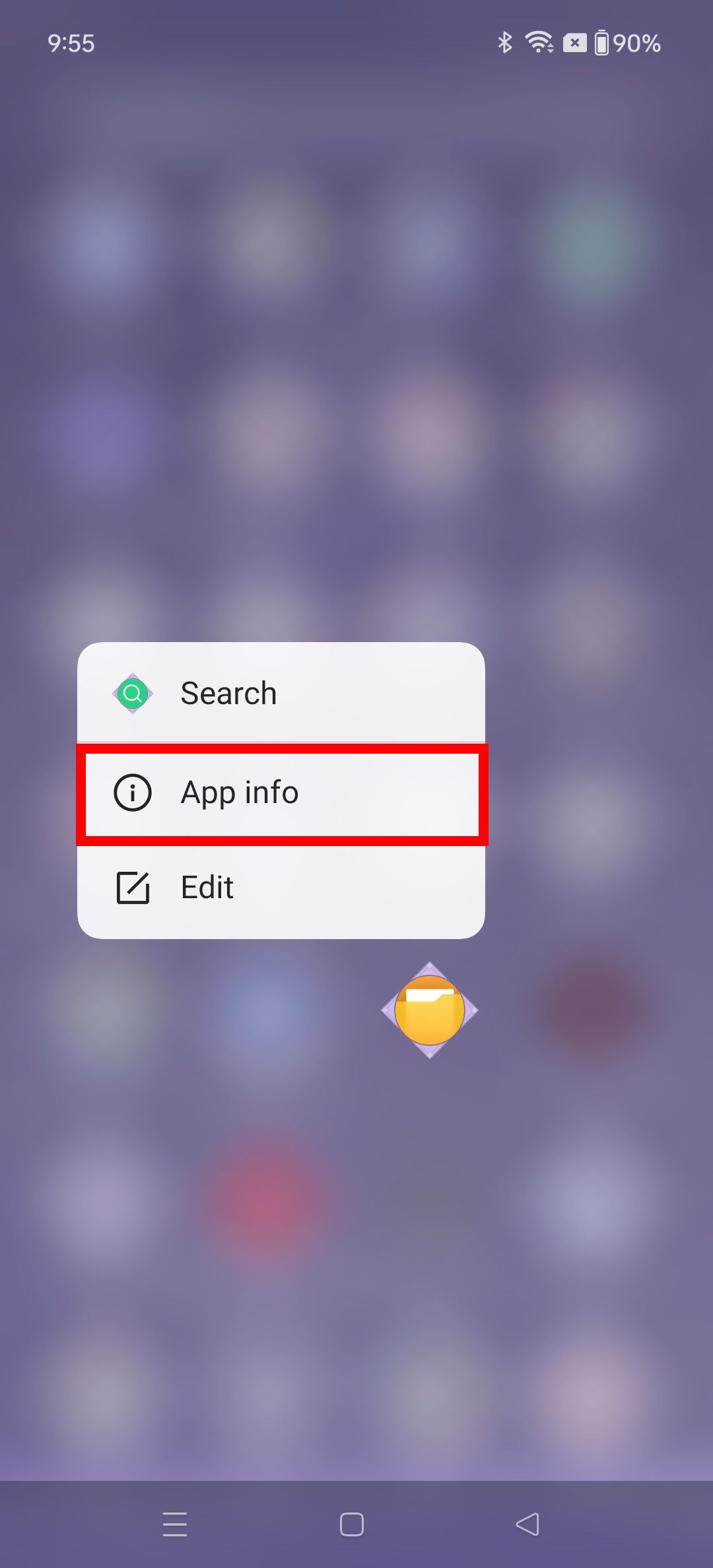 Contorno de retângulo vermelho sobre a opção Informações do aplicativo após tocar e segurar um aplicativo na gaveta de aplicativos do OnePlus 12