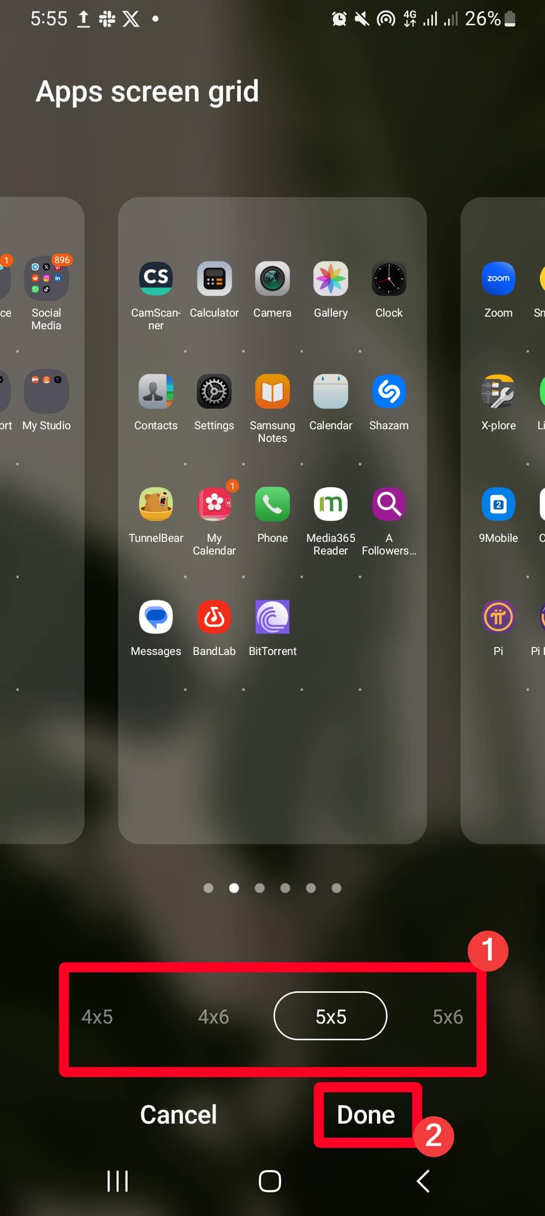 Configurações de tamanho da grade da tela de aplicativos no Android.
