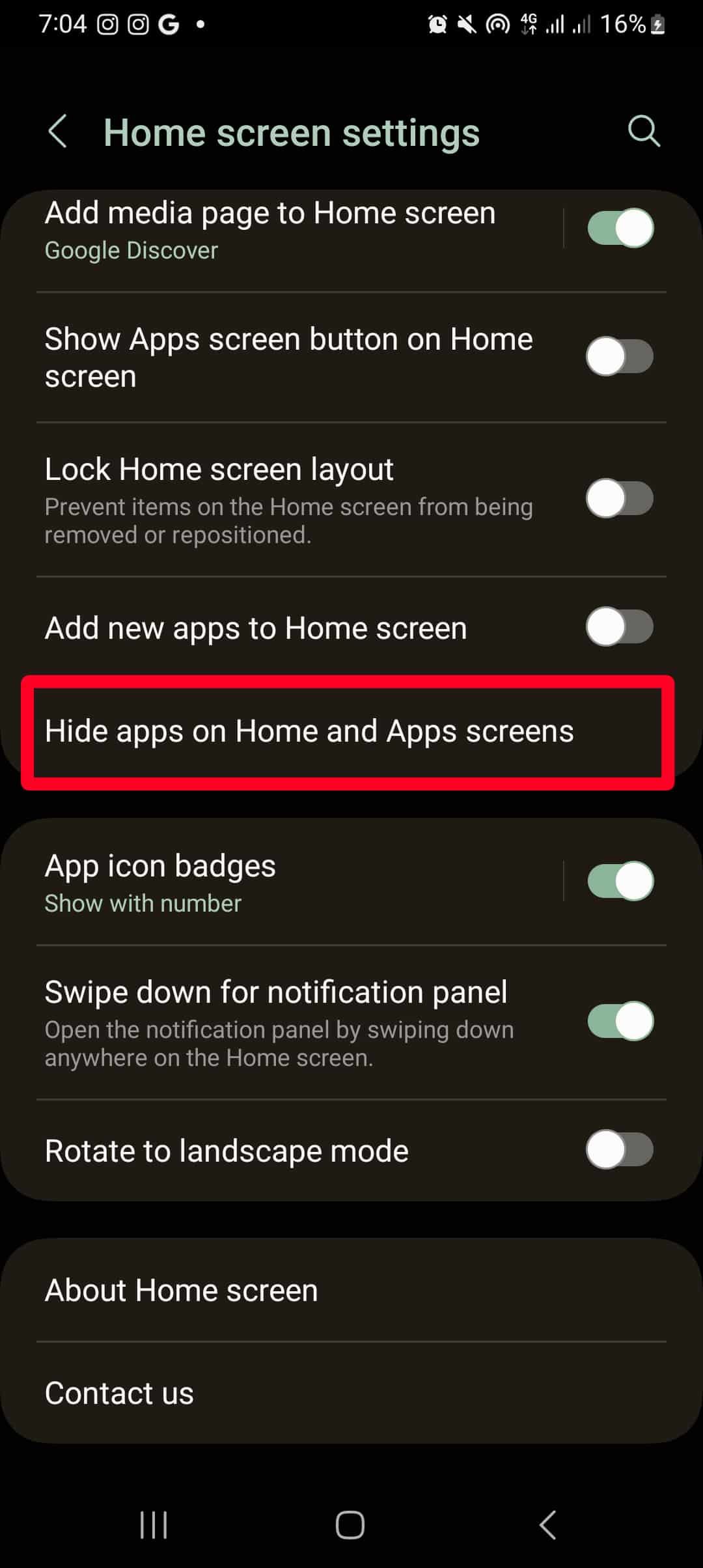 Opção Ocultar aplicativos no menu de configurações da tela inicial do Android.