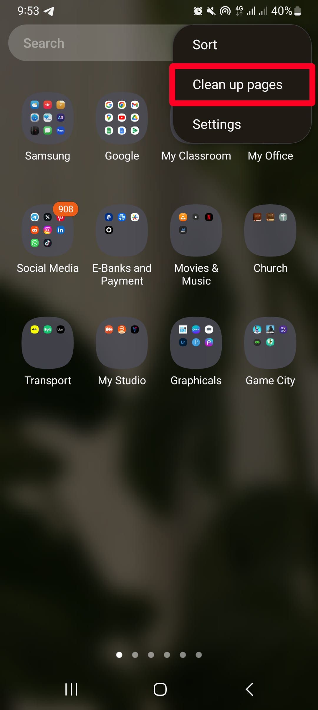 Opção de limpar páginas na tela de aplicativos do Android.