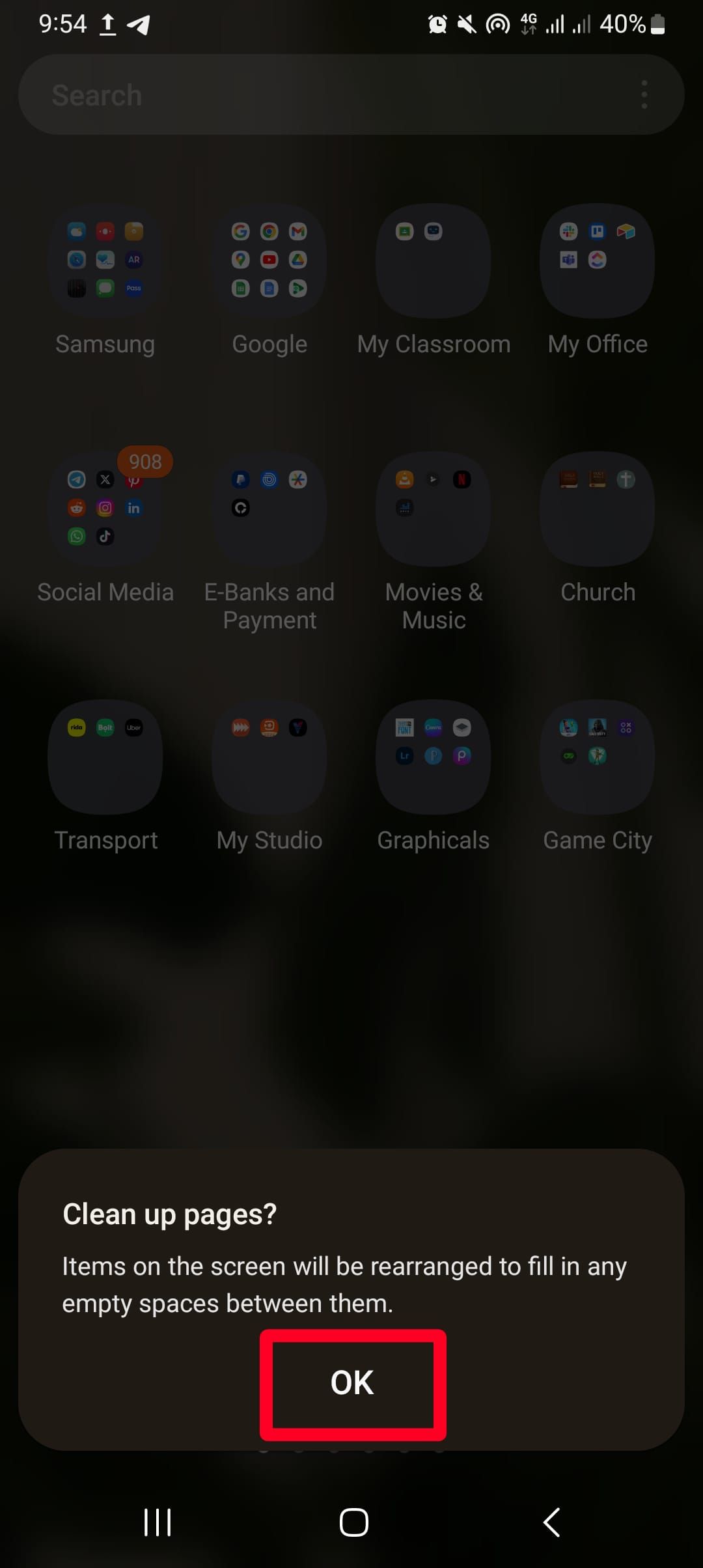 Mensagem de confirmação de limpeza de páginas na tela de aplicativos do Android.