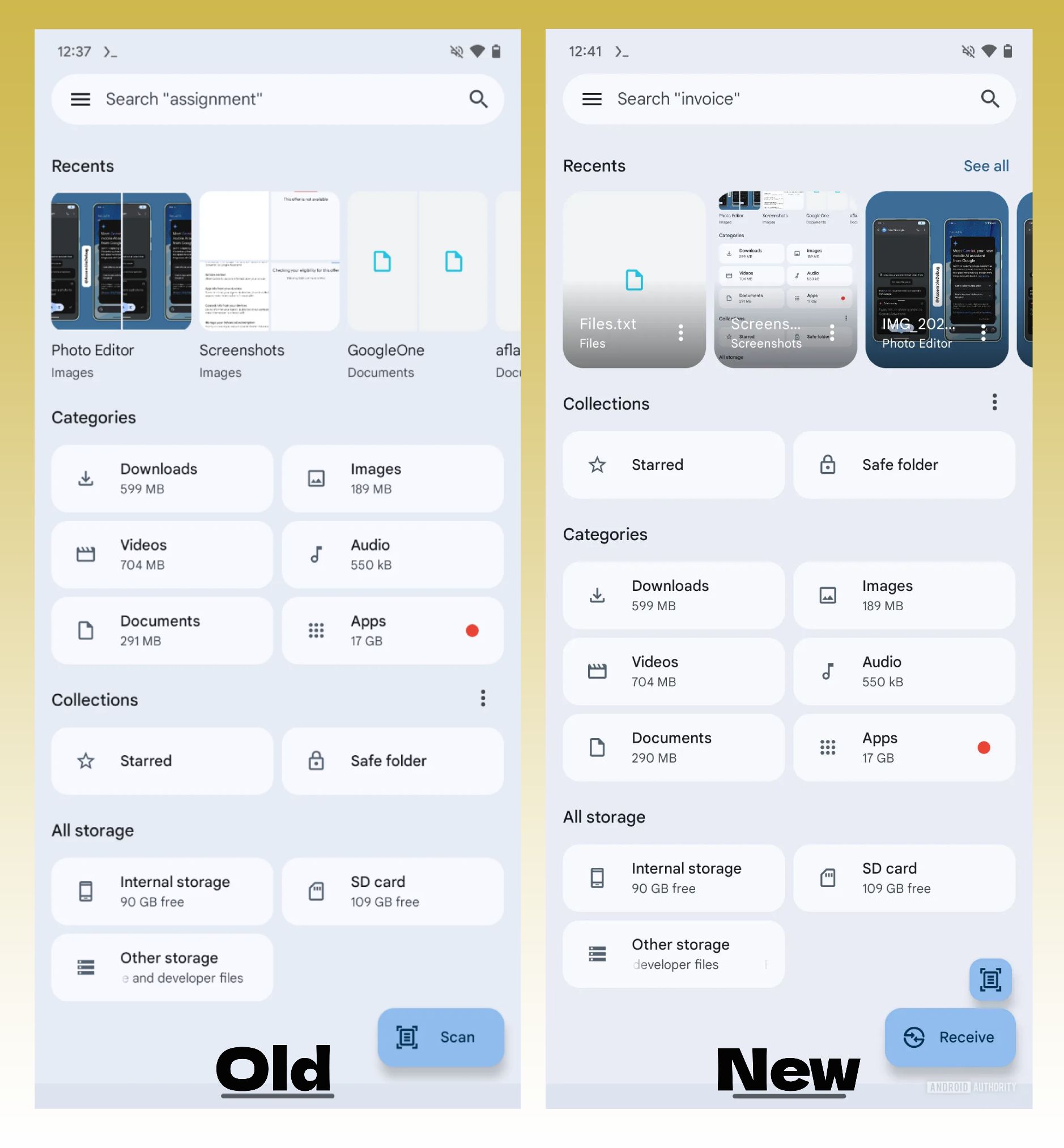 Capturas de tela do aplicativo Files do Google destacando seus layouts antigo e novo.