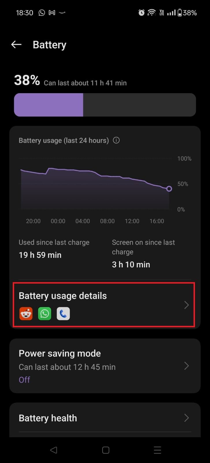 Captura de tela destacando detalhes de uso da bateria no OnePlus 12R