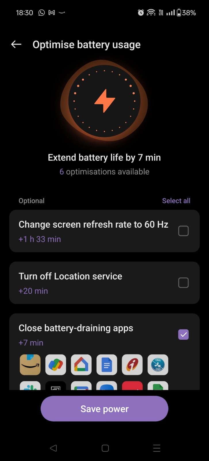 Captura de tela mostrando a página Otimizar uso da bateria no OnePlus 12R
