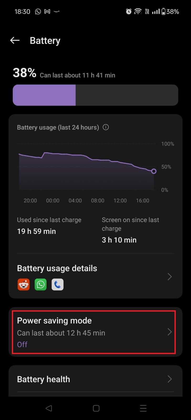 Captura de tela destacando o modo de economia de energia no OnePlus 12R