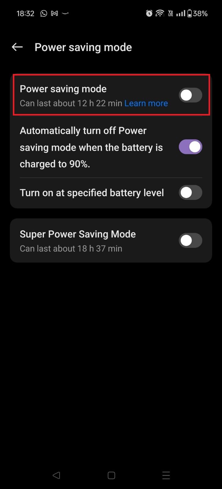 Captura de tela destacando a alternância do modo de economia de energia no OnePlus 12R