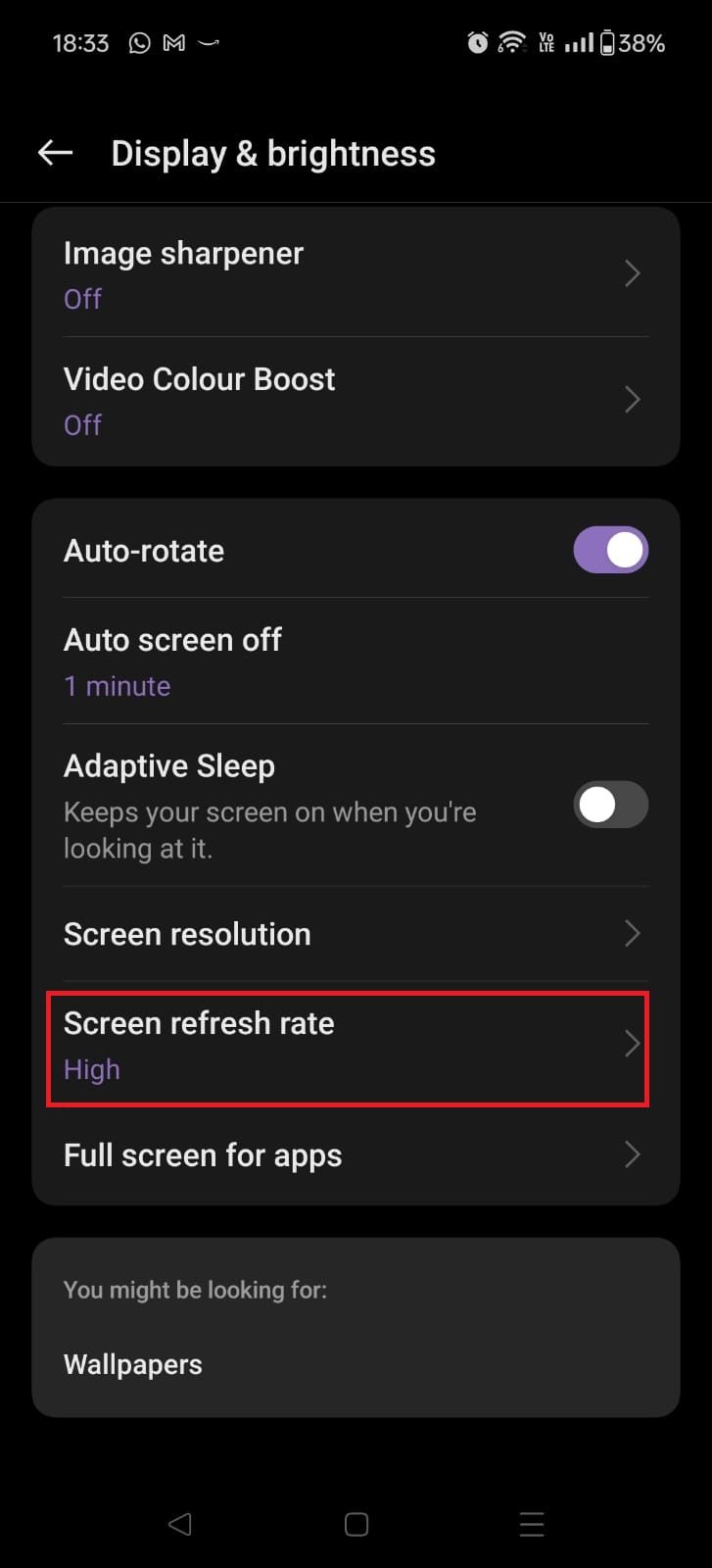 Captura de tela destacando a taxa de atualização da tela no OnePlus 12R