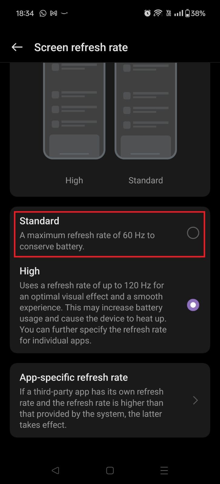 Captura de tela destacando o padrão no OnePlus 12R