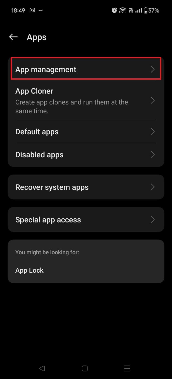 Captura de tela destacando o gerenciamento de aplicativos no OnePlus 12R