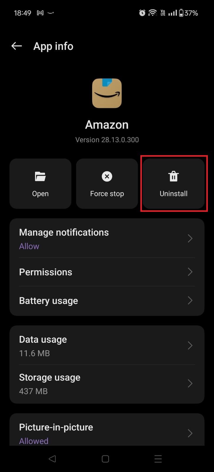 Captura de tela destacando a desinstalação no OnePlus 12R