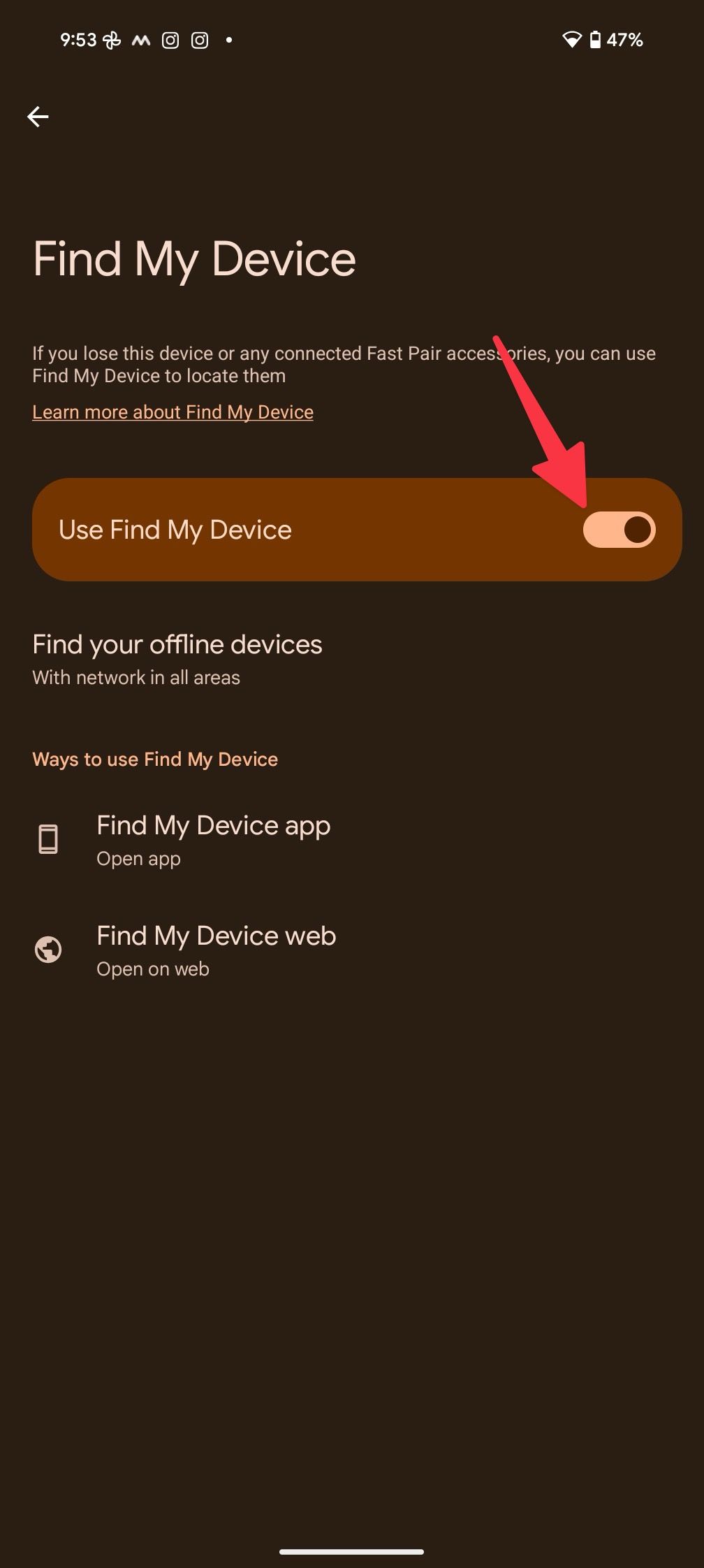Uma opção para habilitar o Find My Device no Android