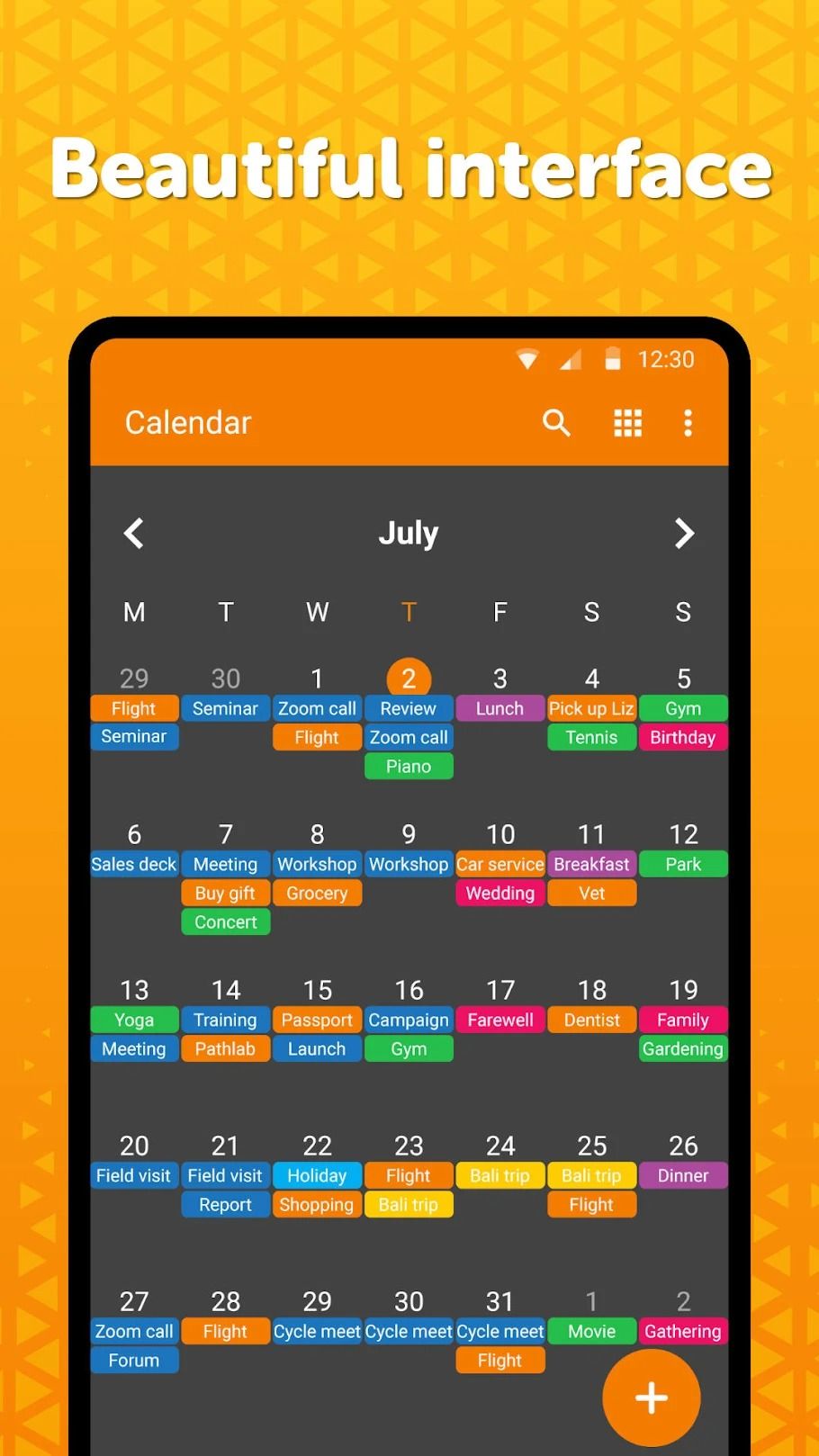visualização inicial do aplicativo de calendário simples