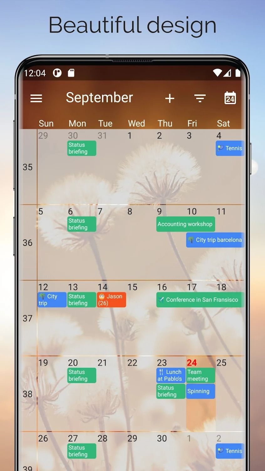 uma visualização inicial do aplicativo de calendário
