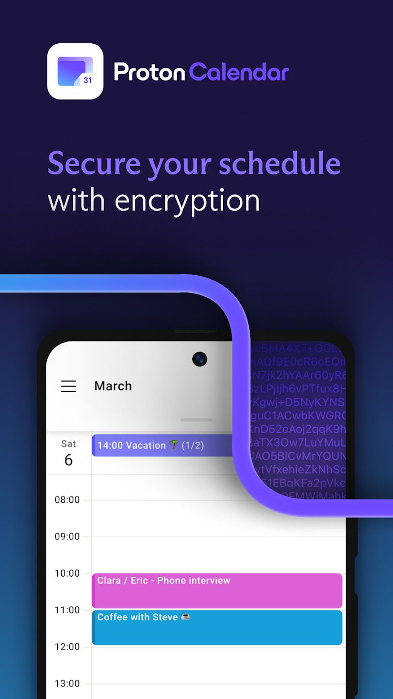 Captura de tela da loja de aplicativos Proton Calendar sobre criptografia