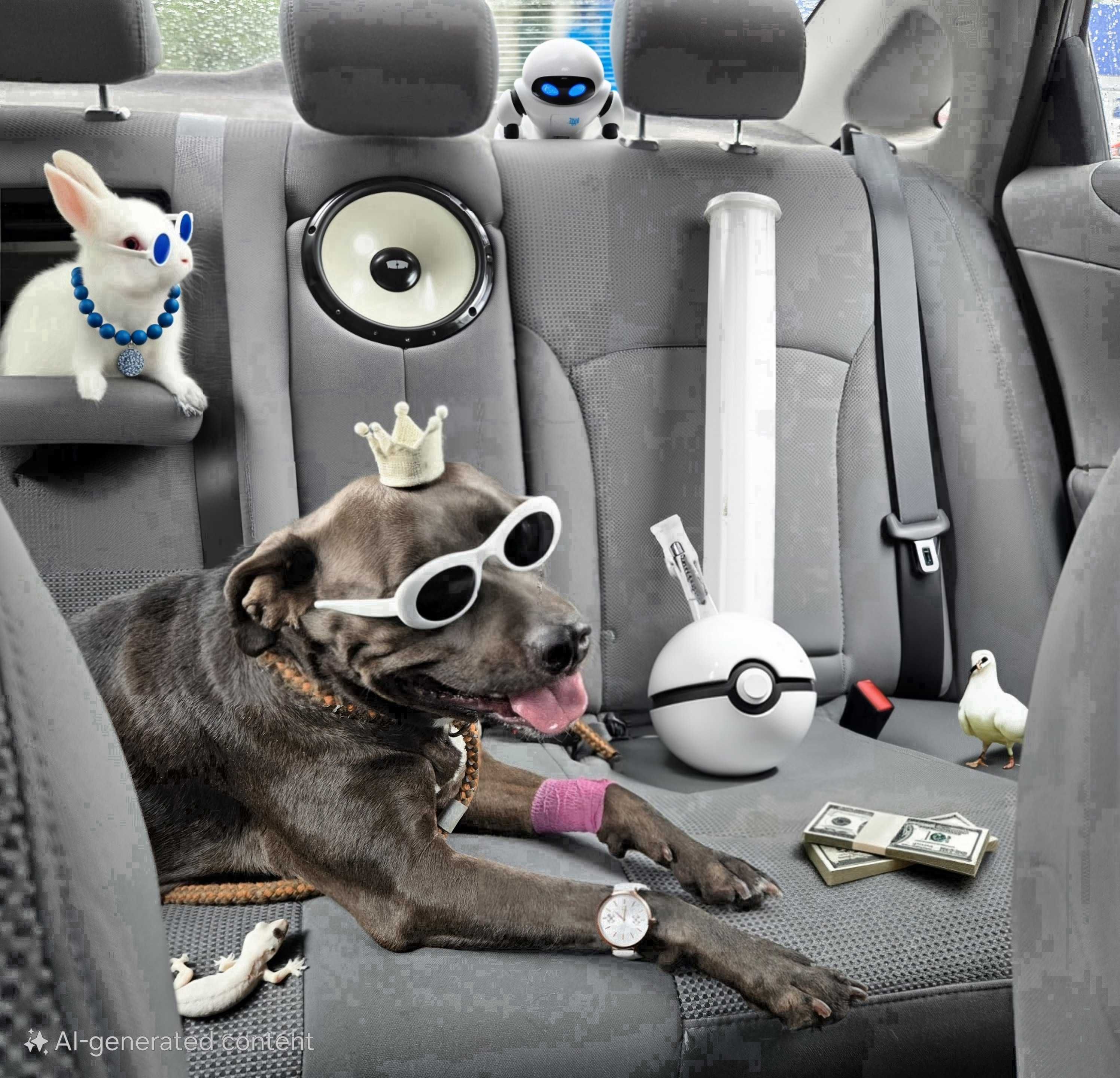 Um cachorro no banco de trás de um carro, com vários elementos gerados por IA inseridos ao redor dele.